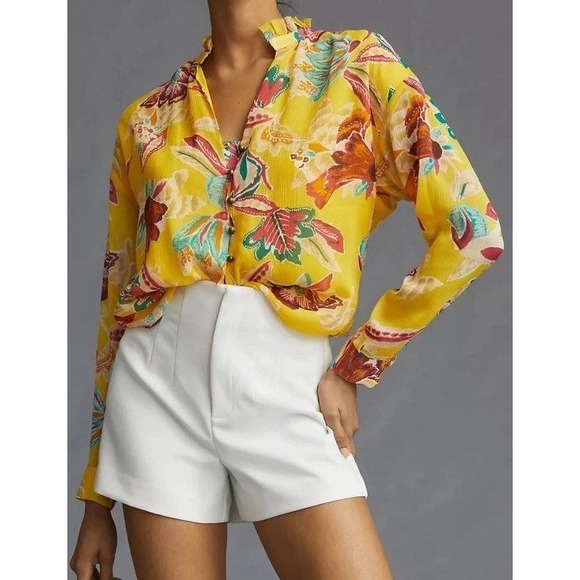 Pilcro and the Letterpress Tops - Pilcro Tavi Floral Button Down Chiffon Blouse‎ SM Yellow Ruffle Cottagecore Boho